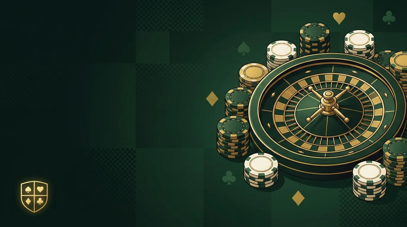 Dark forest-green hero banner with a gold four-quadrant shield emblem and playing-card suit motifs in a classic casino atmosp